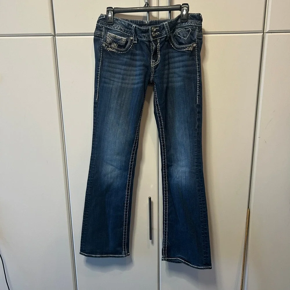 Vigoss Bootcut Jeans Dark Wash Embellished Pocket White‎ Stitching Size 9/10